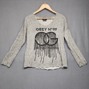 OBEY Top Women Small Grey Long Sleeve Original Gangstas Logo Stretch Streetwear